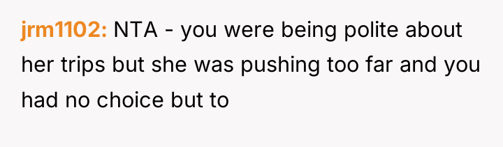 jrm1102 NTA - you were being polite about her trips...