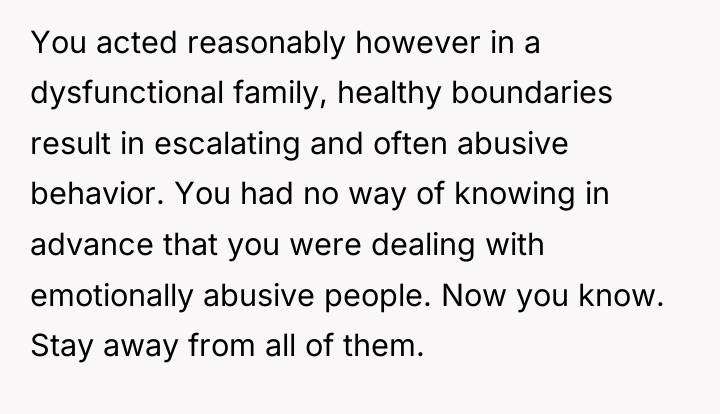 You acted reasonably however in a dysfunctional family, healthy boundaries...