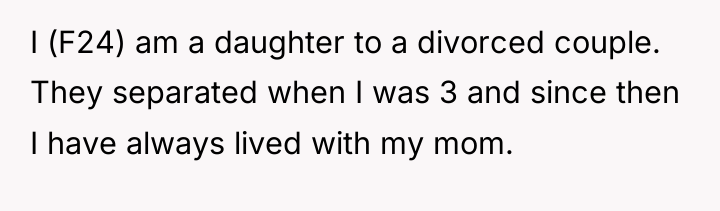 I (F24) am a daughter to a divorced couple. They...