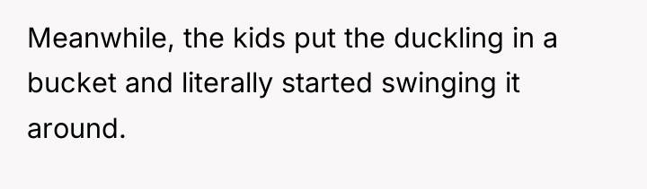 Meanwhile, the kids put the duckling in a bucket and...
