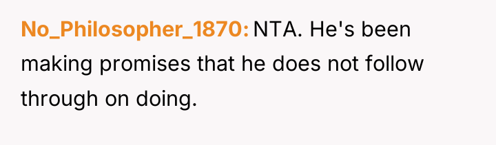 No_Philosopher_1870 NTA. He's been making promises that he does not...