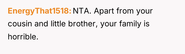 EnergyThat1518 NTA. Apart from your cousin and little brother, your...