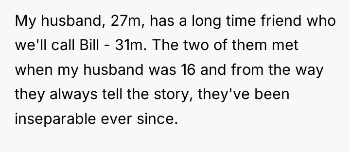 My husband, 27m, has a long time friend who we'll...