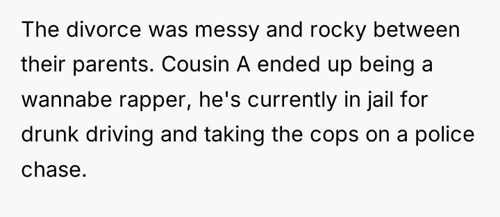 The divorce was messy and rocky between their parents. Cousin...