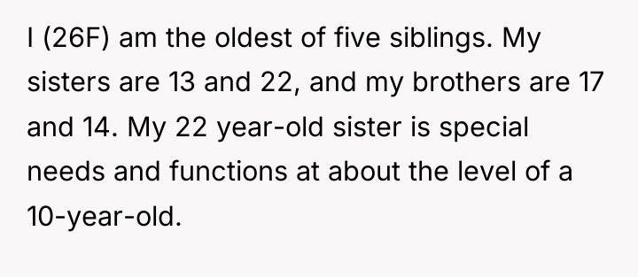 I (26F) am the oldest of five siblings. My sisters...