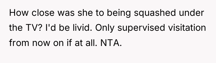 How close was she to being squashed under the TV?...