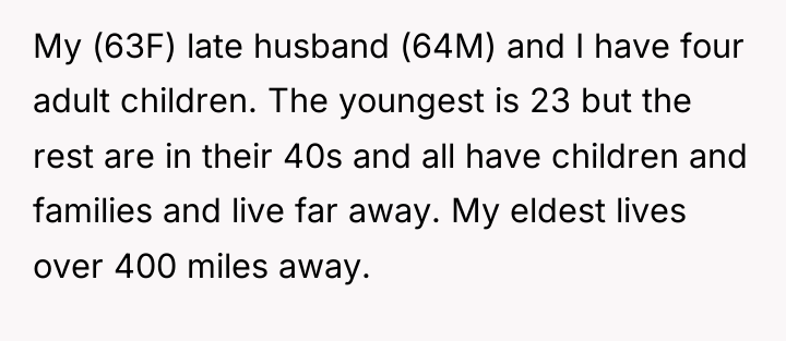 My (63F) late husband (64M) and I have four adult...