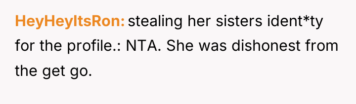 HeyHeyItsRon stealing her sisters ident*ty for the profile.: NTA. She...