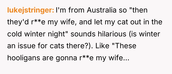 lukejstringer I'm from Australia so "then they'd r**e my wife,...