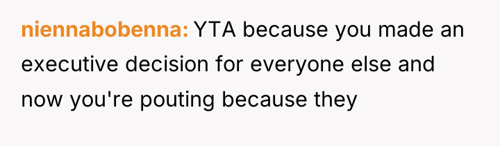 niennabobenna YTA because you made an executive decision for everyone...