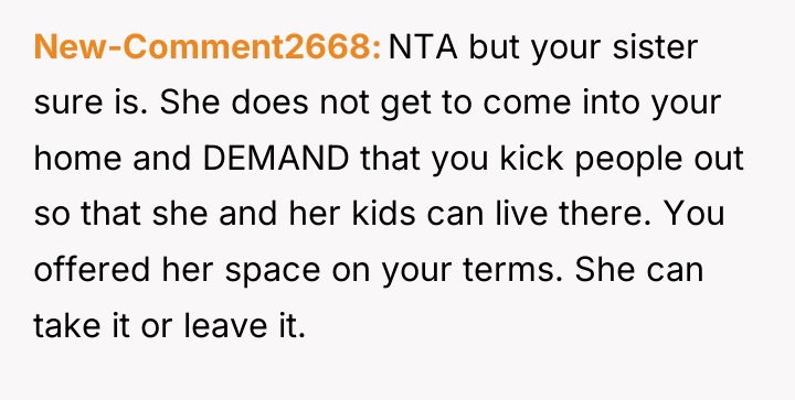 New-Comment2668 NTA but your sister sure is. She does not...
