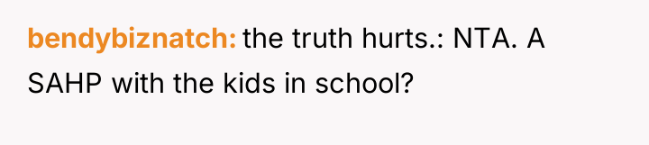 bendybiznatch the truth hurts.: NTA. A SAHP with the kids...