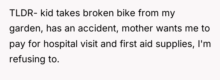 TLDR- kid takes broken bike from my garden, has an...