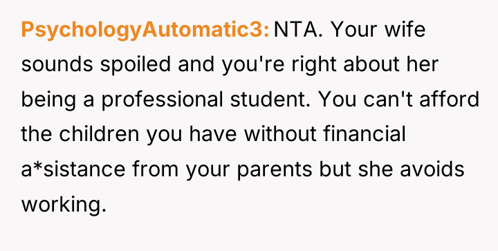 PsychologyAutomatic3 NTA. Your wife sounds spoiled and you're right about...