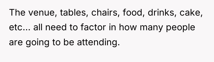 The venue, tables, chairs, food, drinks, cake, etc... all need...