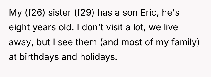 My (f26) sister (f29) has a son Eric, he's eight...