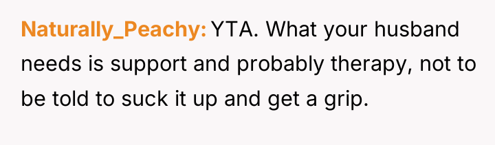Naturally_Peachy YTA. What your husband needs is support and probably...