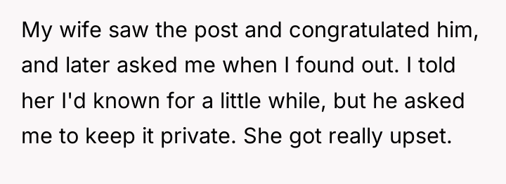 My wife saw the post and congratulated him, and later...