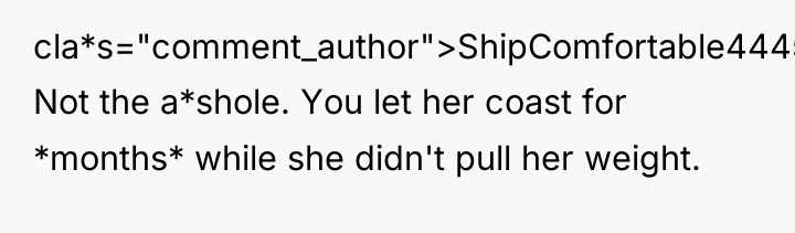 cla*s="comment_author">ShipComfortable4445: Not the a*shole. You let her coast for *months*...