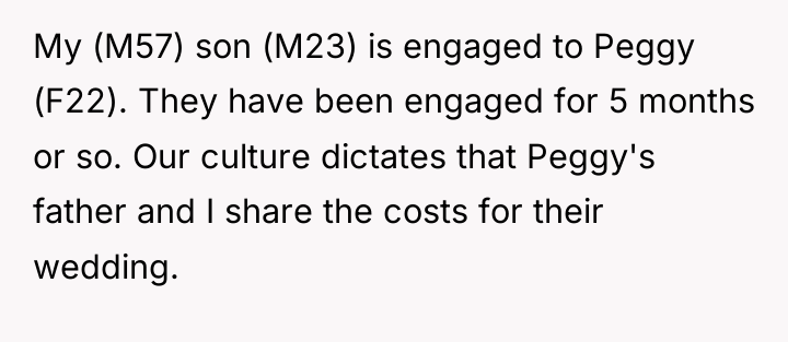 My (M57) son (M23) is engaged to Peggy (F22). They...