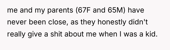 me and my parents (67F and 65M) have never been...