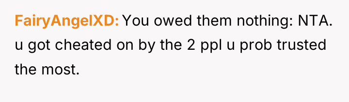 FairyAngelXD You owed them nothing: NTA. u got cheated on...