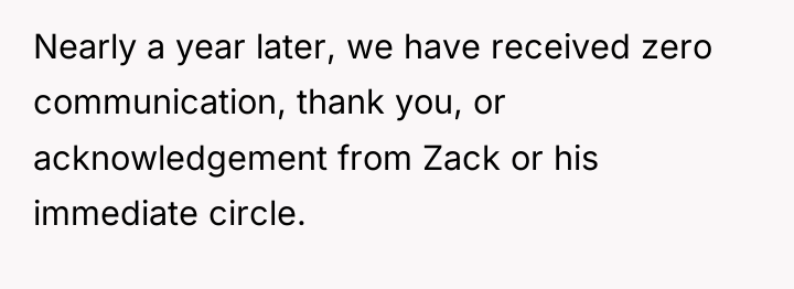 Nearly a year later, we have received zero communication, thank...