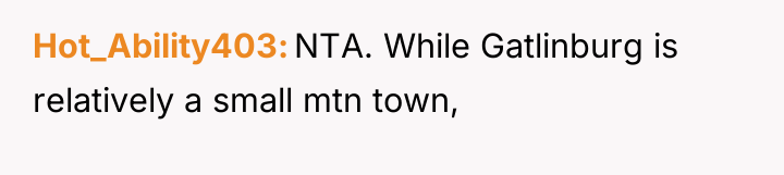 Hot_Ability403 NTA. While Gatlinburg is relatively a small mtn town,