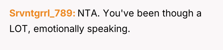Srvntgrrl_789 NTA. You've been though a LOT, emotionally speaking.