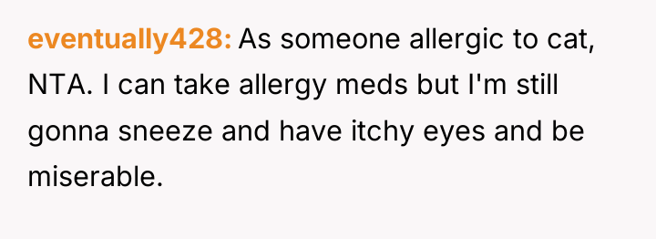 eventually428 As someone allergic to cat, NTA. I can take...