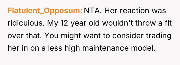 Flatulent_Opposum NTA. Her reaction was ridiculous. My 12 year old...