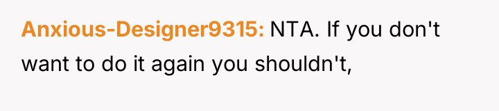 Anxious-Designer9315 NTA. If you don't want to do it again...