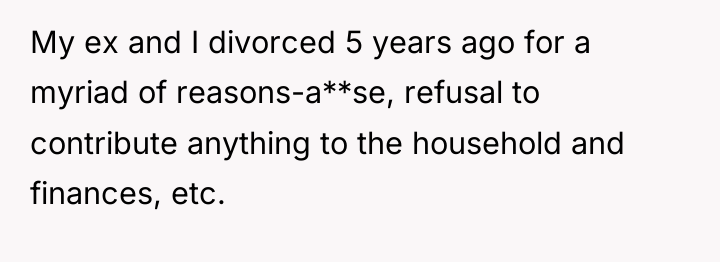 My ex and I divorced 5 years ago for a...
