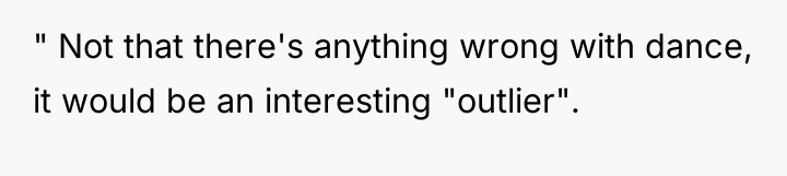 " Not that there's anything wrong with dance, it would...