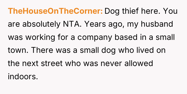 TheHouseOnTheCorner Dog thief here. You are absolutely NTA. Years ago,...