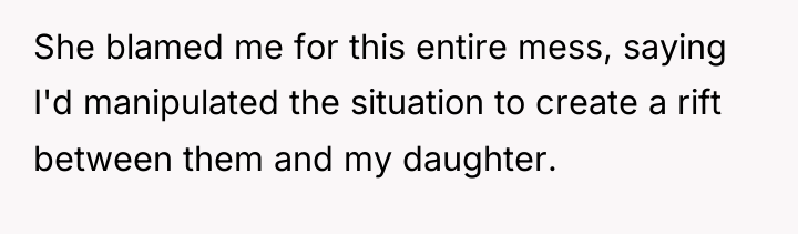 She blamed me for this entire mess, saying I'd manipulated...