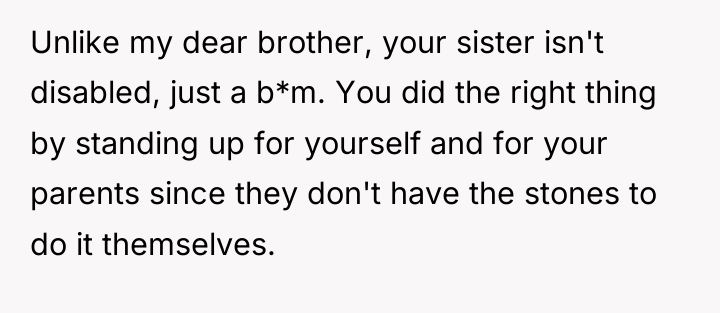 Unlike my dear brother, your sister isn't disabled, just a...