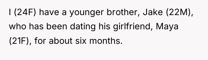 I (24F) have a younger brother, Jake (22M), who has...