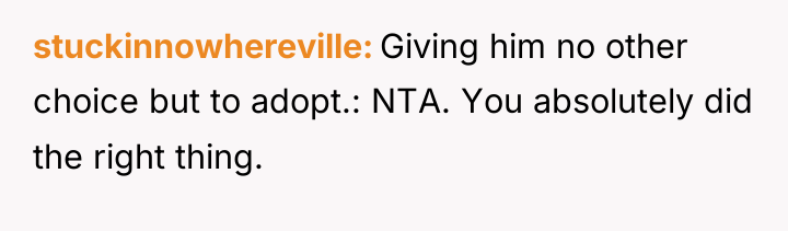 stuckinnowhereville Giving him no other choice but to adopt.: NTA....