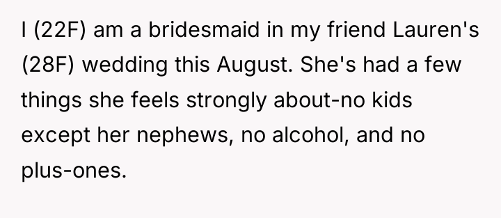 I (22F) am a bridesmaid in my friend Lauren's (28F)...