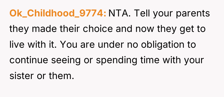 Ok_Childhood_9774 NTA. Tell your parents they made their choice and...