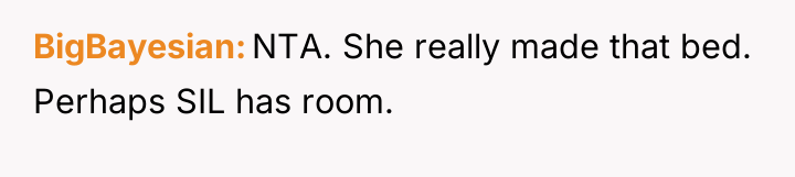 BigBayesian NTA. She really made that bed. Perhaps SIL has...