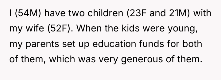 I (54M) have two children (23F and 21M) with my...