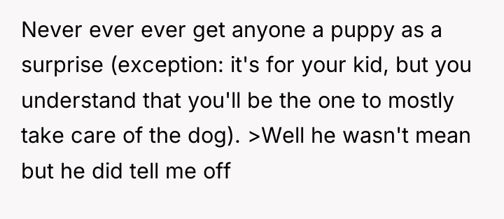 Never ever ever get anyone a puppy as a surprise...