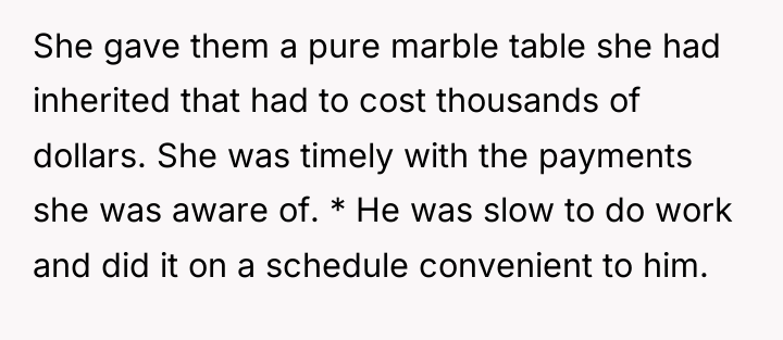 She gave them a pure marble table she had inherited...