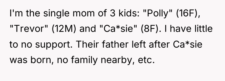 I'm the single mom of 3 kids: "Polly" (16F), "Trevor"...