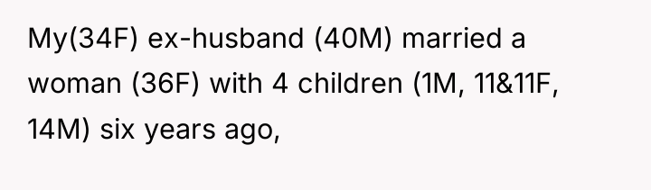 My(34F) ex-husband (40M) married a woman (36F) with 4 children...