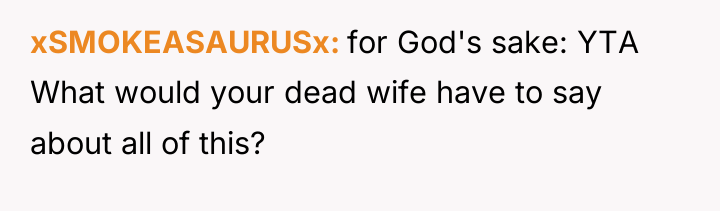 xSMOKEASAURUSx for God's sake: YTA What would your dead wife...