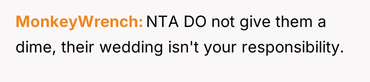 MonkeyWrench NTA DO not give them a dime, their wedding...