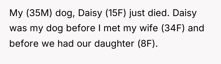 My (35M) dog, Daisy (15F) just died. Daisy was my...